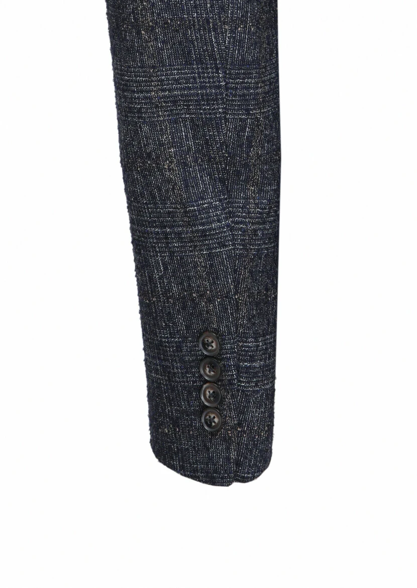 Navy Blue Checkered Wool Blended Jacket - 4
