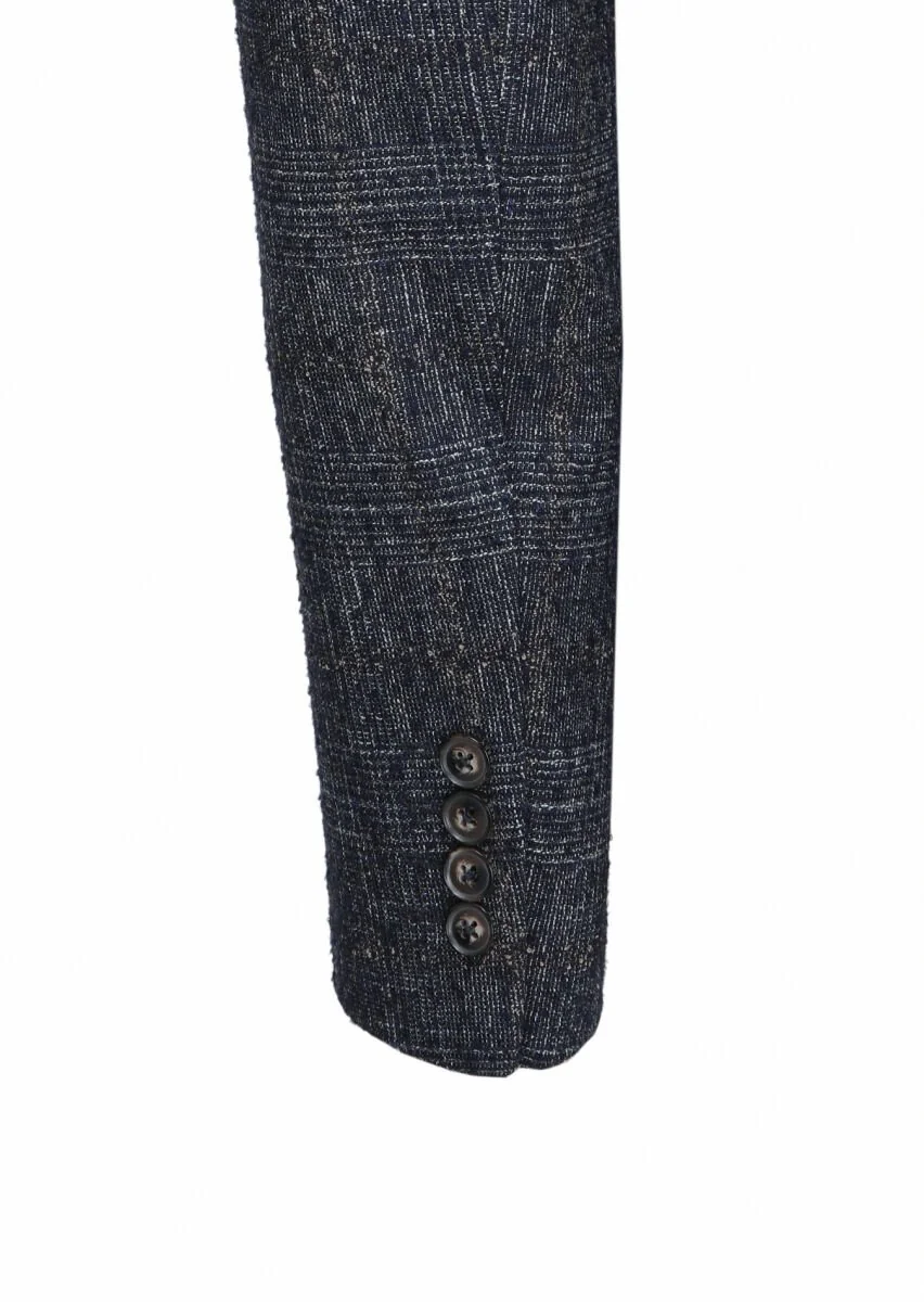 Navy Blue Checkered Wool Blended Jacket - 4