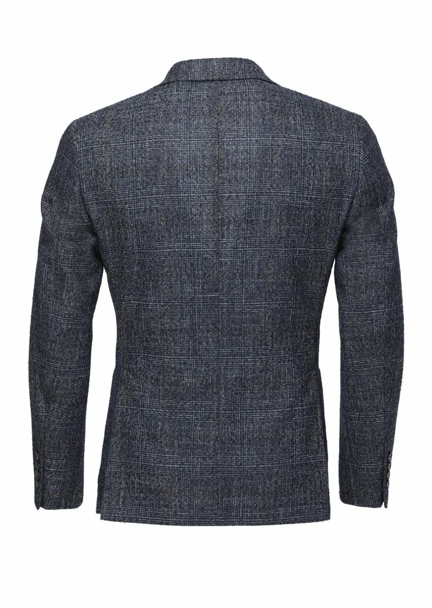 Navy Blue Checkered Wool Blended Jacket - 5