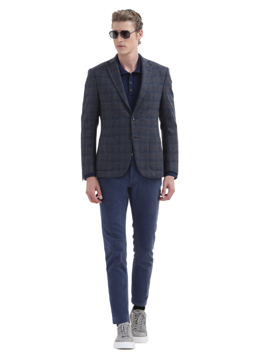 Navy Blue Checkered Zeroweight Slim Fit 100% Wool Jacket - 1