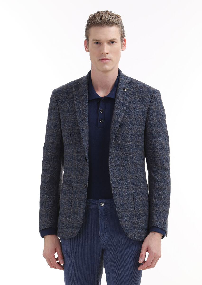 Navy Blue Checkered Zeroweight Slim Fit 100% Wool Jacket - 2