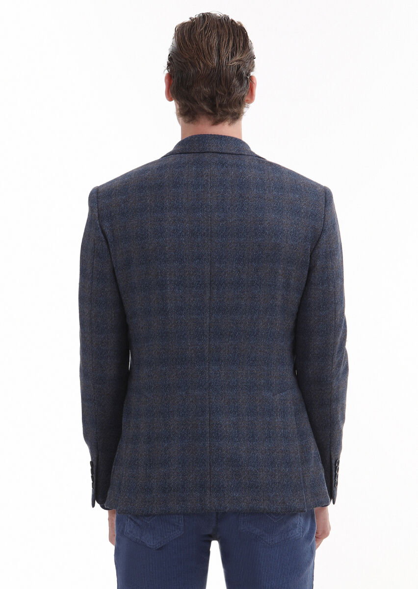 Navy Blue Checkered Zeroweight Slim Fit 100% Wool Jacket - 4