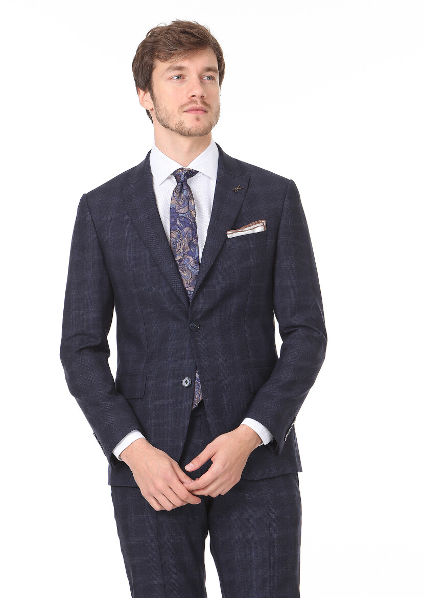 Navy Blue Checkered Zeroweight Slim Fit 100% Wool Suit - 1