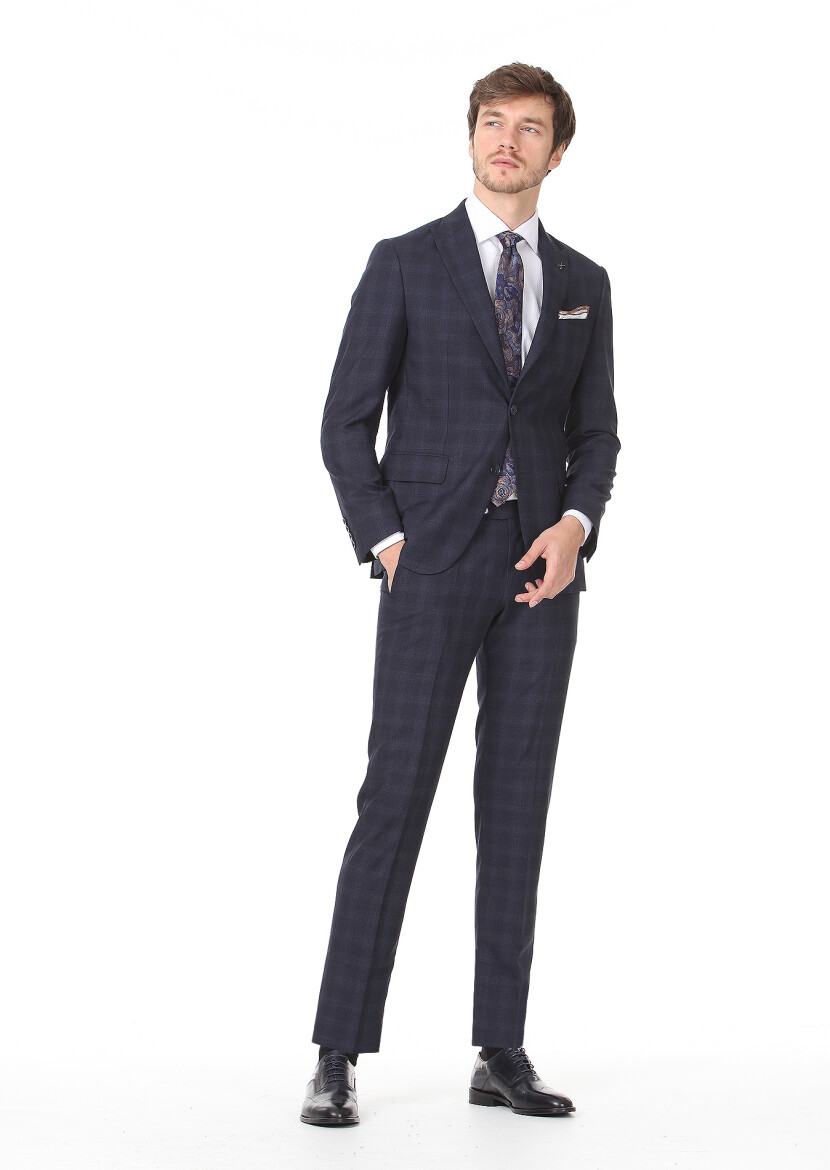 Navy Blue Checkered Zeroweight Slim Fit 100% Wool Suit - 3