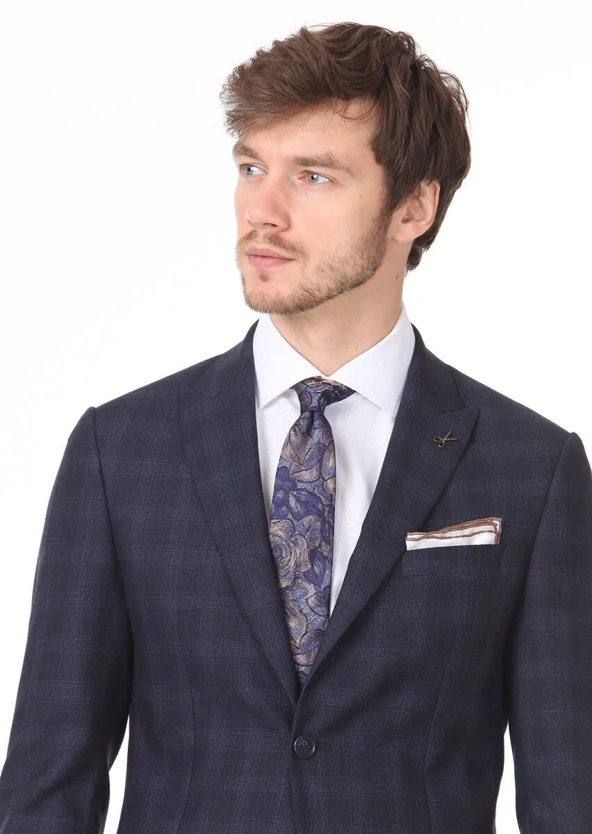 Navy Blue Checkered Zeroweight Slim Fit 100% Wool Suit - 2