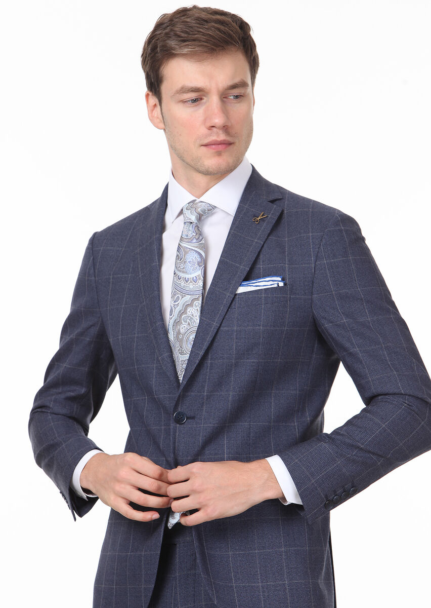 Navy Blue Checkered Zeroweight Slim Fit 100% Wool Suit - 2