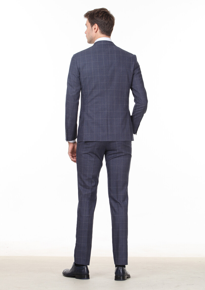 Navy Blue Checkered Zeroweight Slim Fit 100% Wool Suit - 4