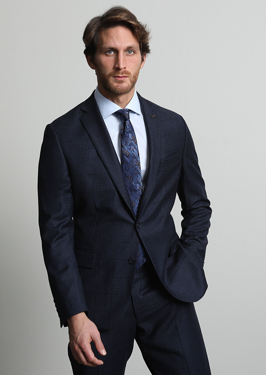Navy Blue Checkered Zeroweight Slim Fit 100% Wool Suit - 2