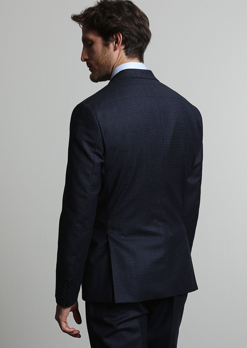 Navy Blue Checkered Zeroweight Slim Fit 100% Wool Suit - 3