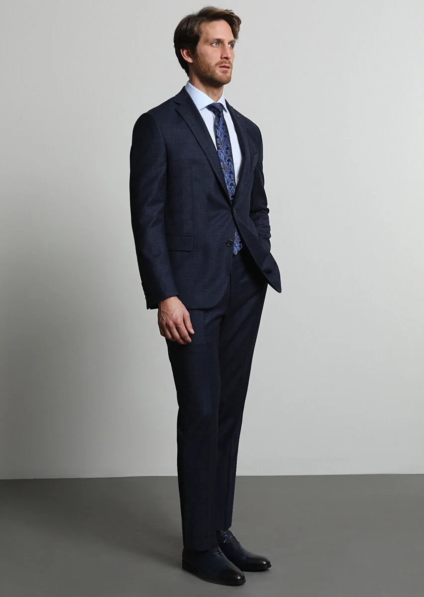 Navy Blue Checkered Zeroweight Slim Fit 100% Wool Suit - 1