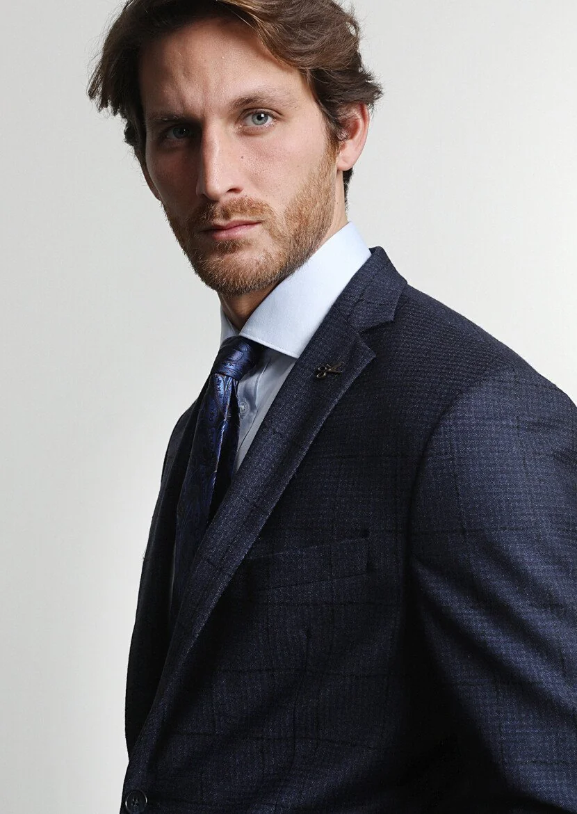 Navy Blue Checkered Zeroweight Slim Fit 100% Wool Suit - 2