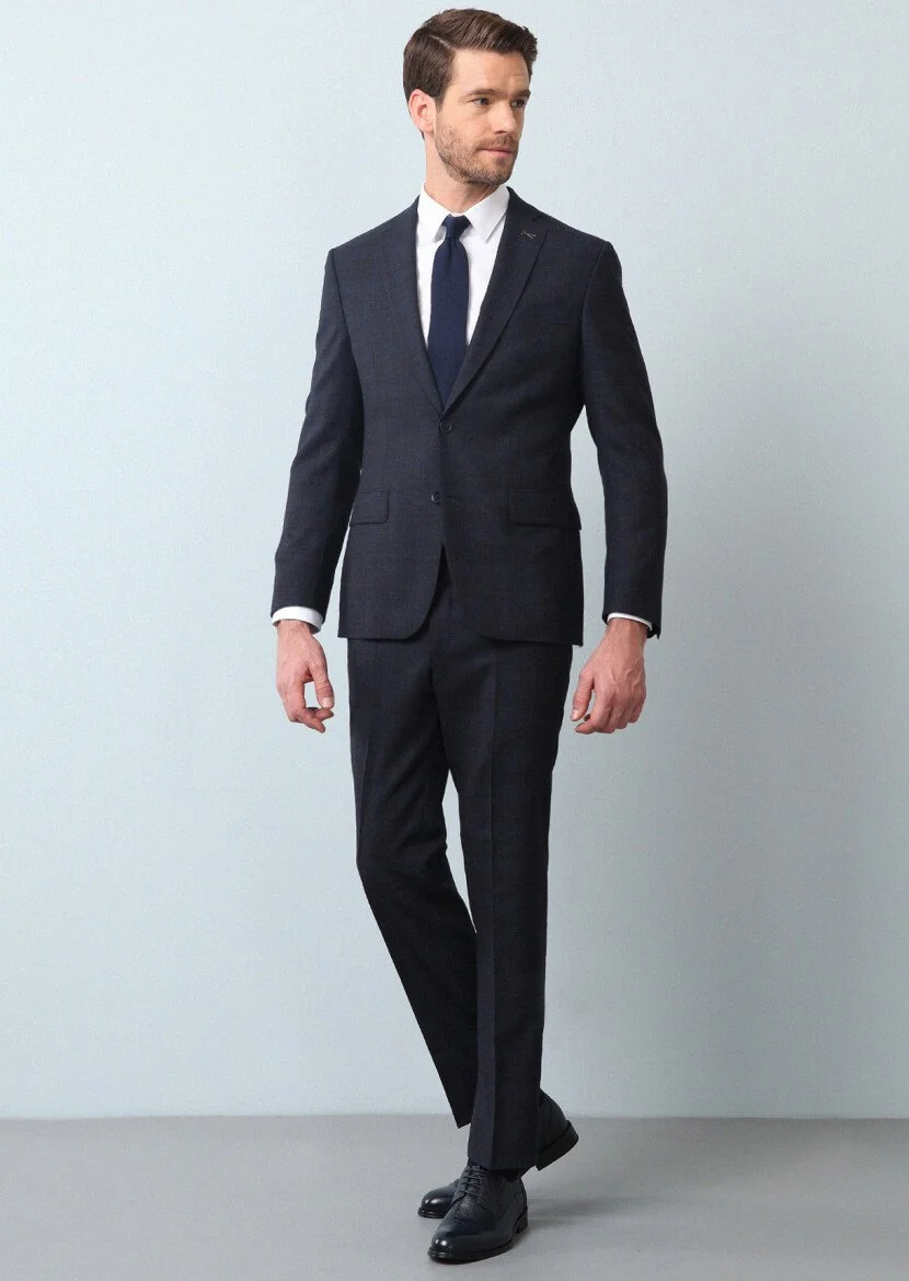 Navy Blue Checkered Zeroweight Slim Fit 100% Wool Suit - 1