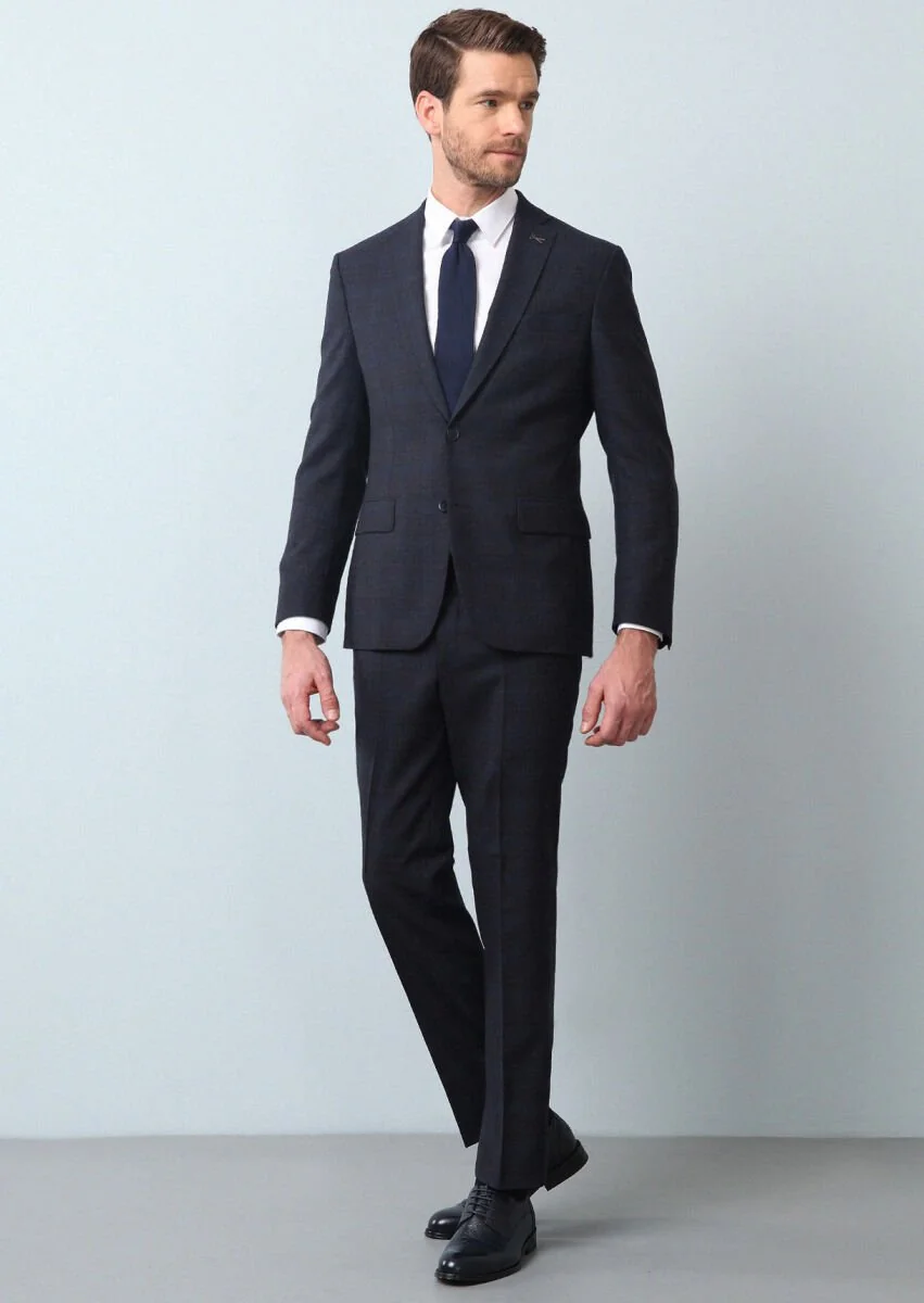 Navy Blue Checkered Zeroweight Slim Fit 100% Wool Suit - 1