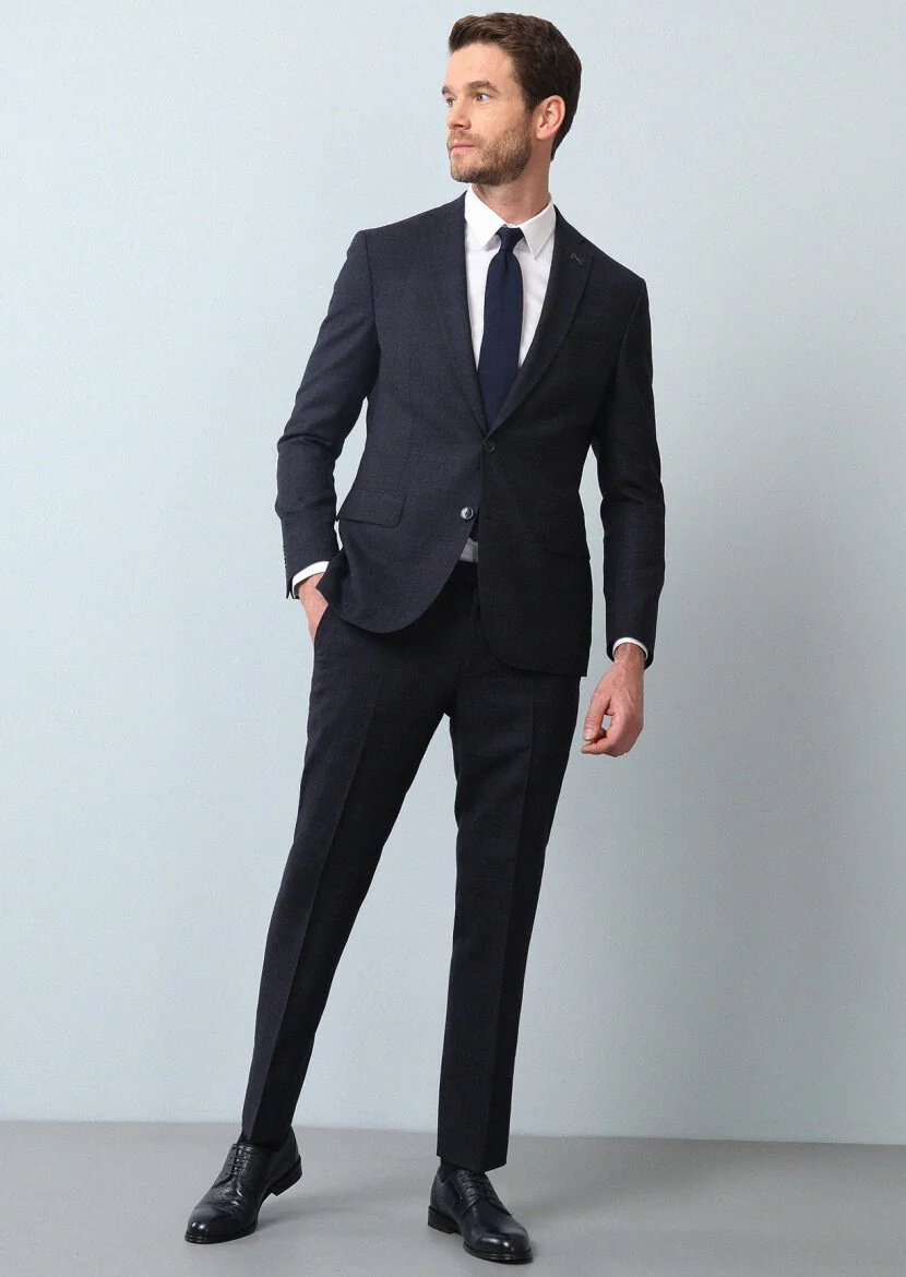 Navy Blue Checkered Zeroweight Slim Fit 100% Wool Suit - 3