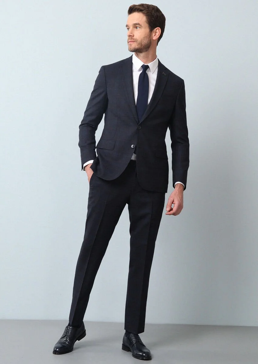 Navy Blue Checkered Zeroweight Slim Fit 100% Wool Suit - 3