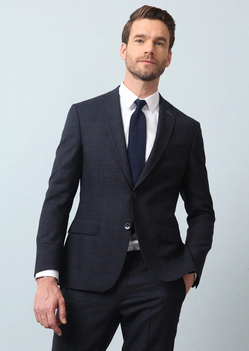 Navy Blue Checkered Zeroweight Slim Fit 100% Wool Suit - 4