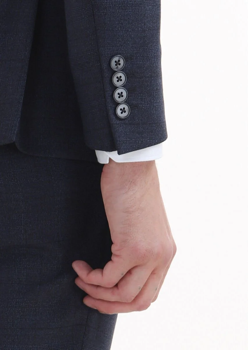 Navy Blue Checkered Zeroweight Slim Fit 100% Wool Suit - 4