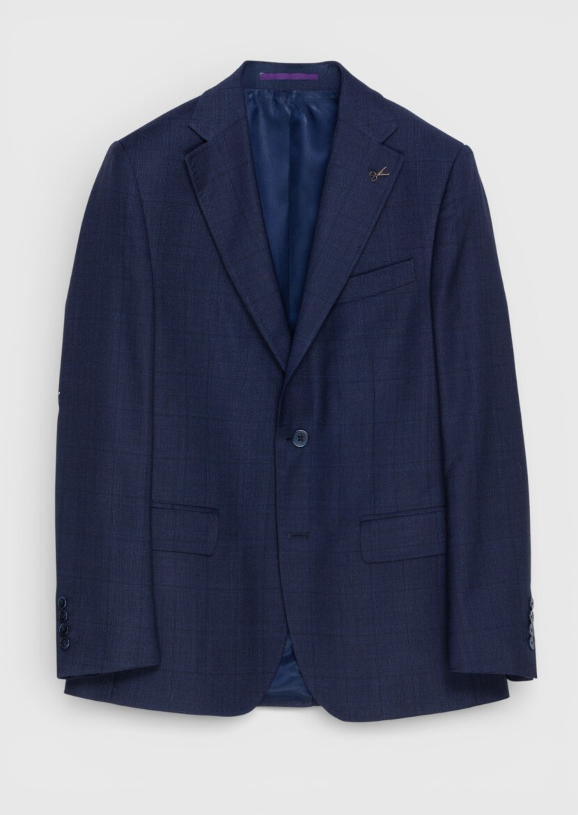 Navy Blue Checkered Zeroweight Slim Fit 100% Wool Suit - RAMSEY