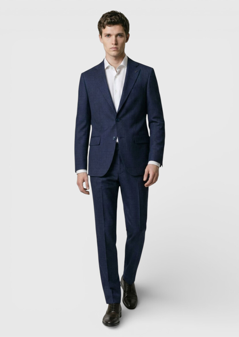 Navy Blue Checkered Zeroweight Slim Fit 100% Wool Suit - RAMSEY