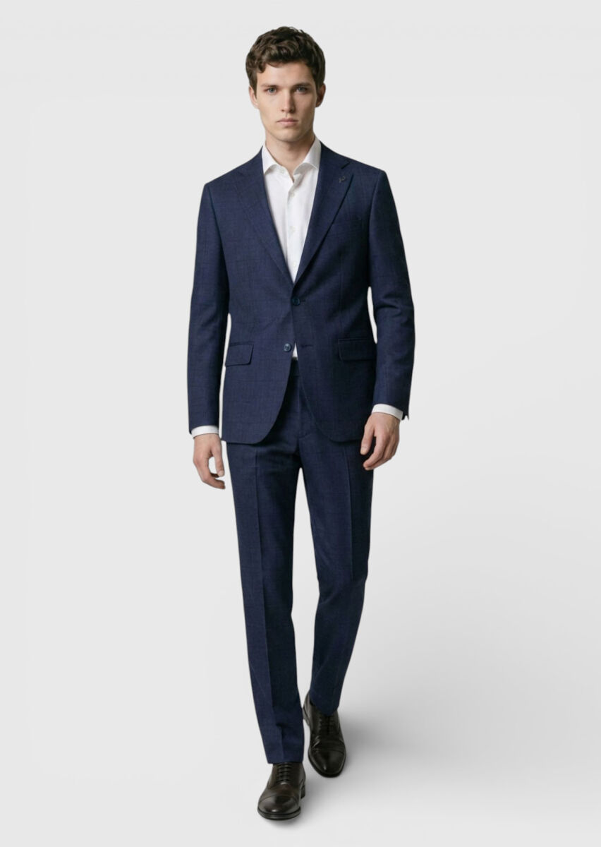Navy Blue Checkered Zeroweight Slim Fit 100% Wool Suit - 2
