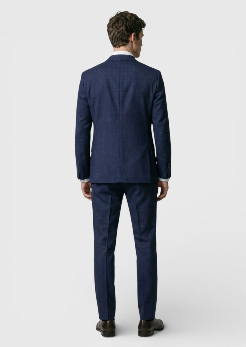 Navy Blue Checkered Zeroweight Slim Fit 100% Wool Suit - 4