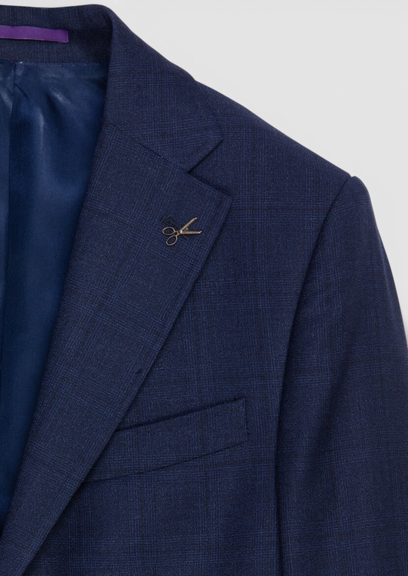 Navy Blue Checkered Zeroweight Slim Fit 100% Wool Suit - 6