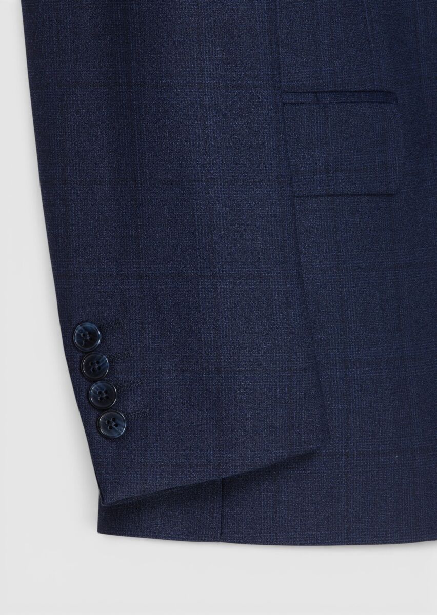 Navy Blue Checkered Zeroweight Slim Fit 100% Wool Suit - 7