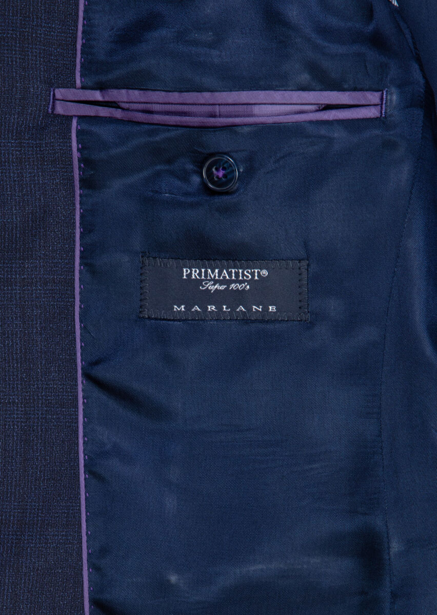 Navy Blue Checkered Zeroweight Slim Fit 100% Wool Suit - 8