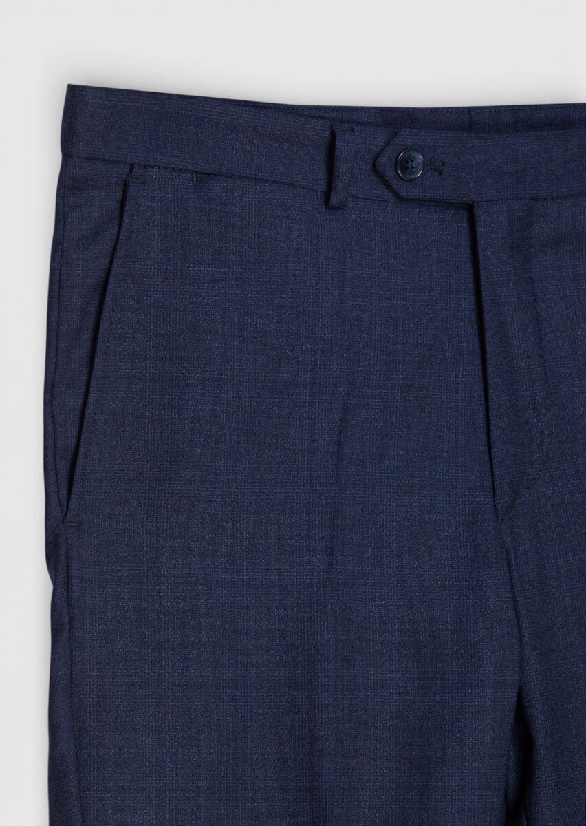 Navy Blue Checkered Zeroweight Slim Fit 100% Wool Suit - 10