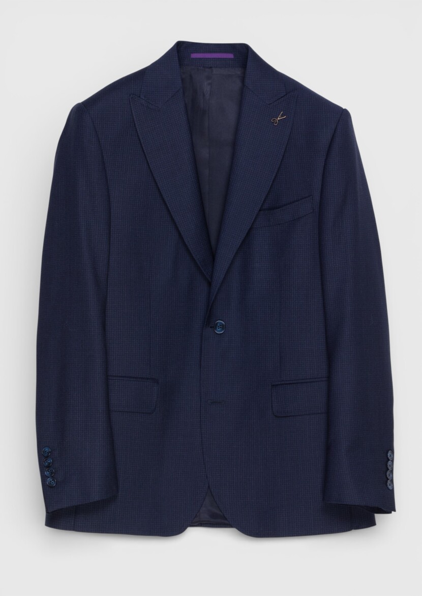 Navy Blue Checkered Zeroweight Slim Fit 100% Wool Suit - RAMSEY