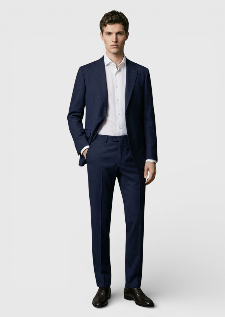 Navy Blue Checkered Zeroweight Slim Fit 100% Wool Suit - 1
