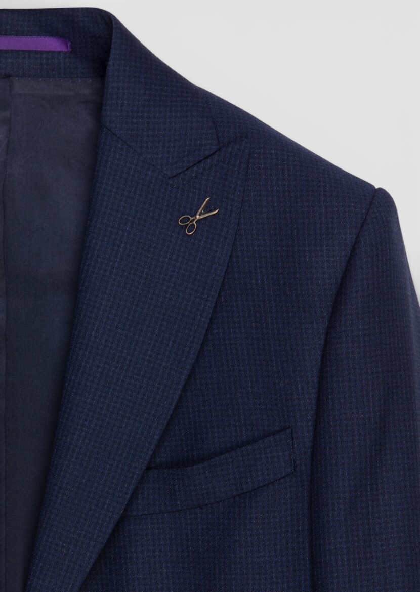 Navy Blue Checkered Zeroweight Slim Fit 100% Wool Suit - 6