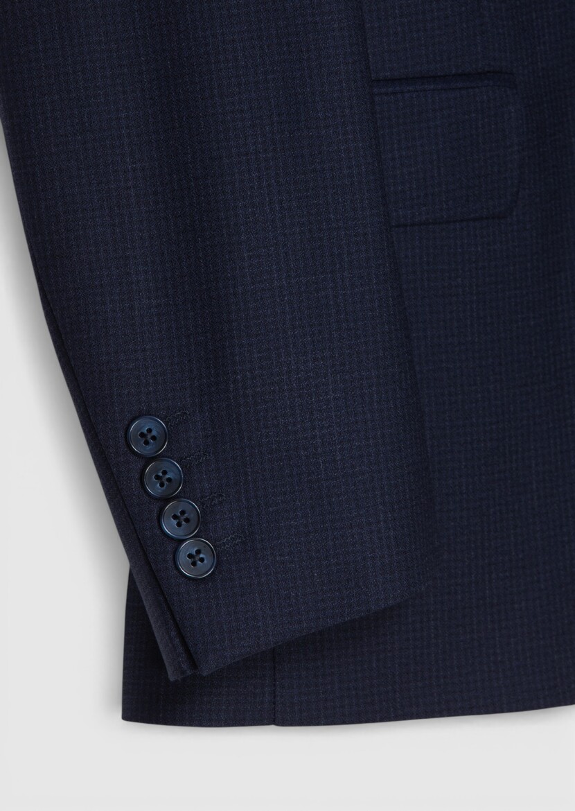 Navy Blue Checkered Zeroweight Slim Fit 100% Wool Suit - 7