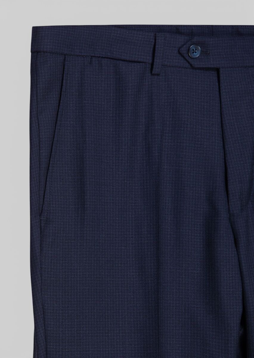 Navy Blue Checkered Zeroweight Slim Fit 100% Wool Suit - 10