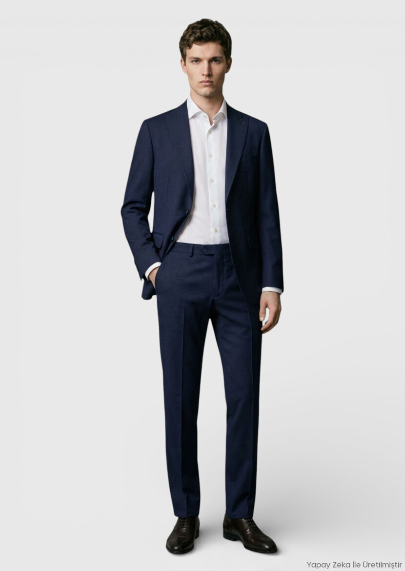 Navy Blue Checkered Zeroweight Slim Fit 100% Wool Suit - RAMSEY