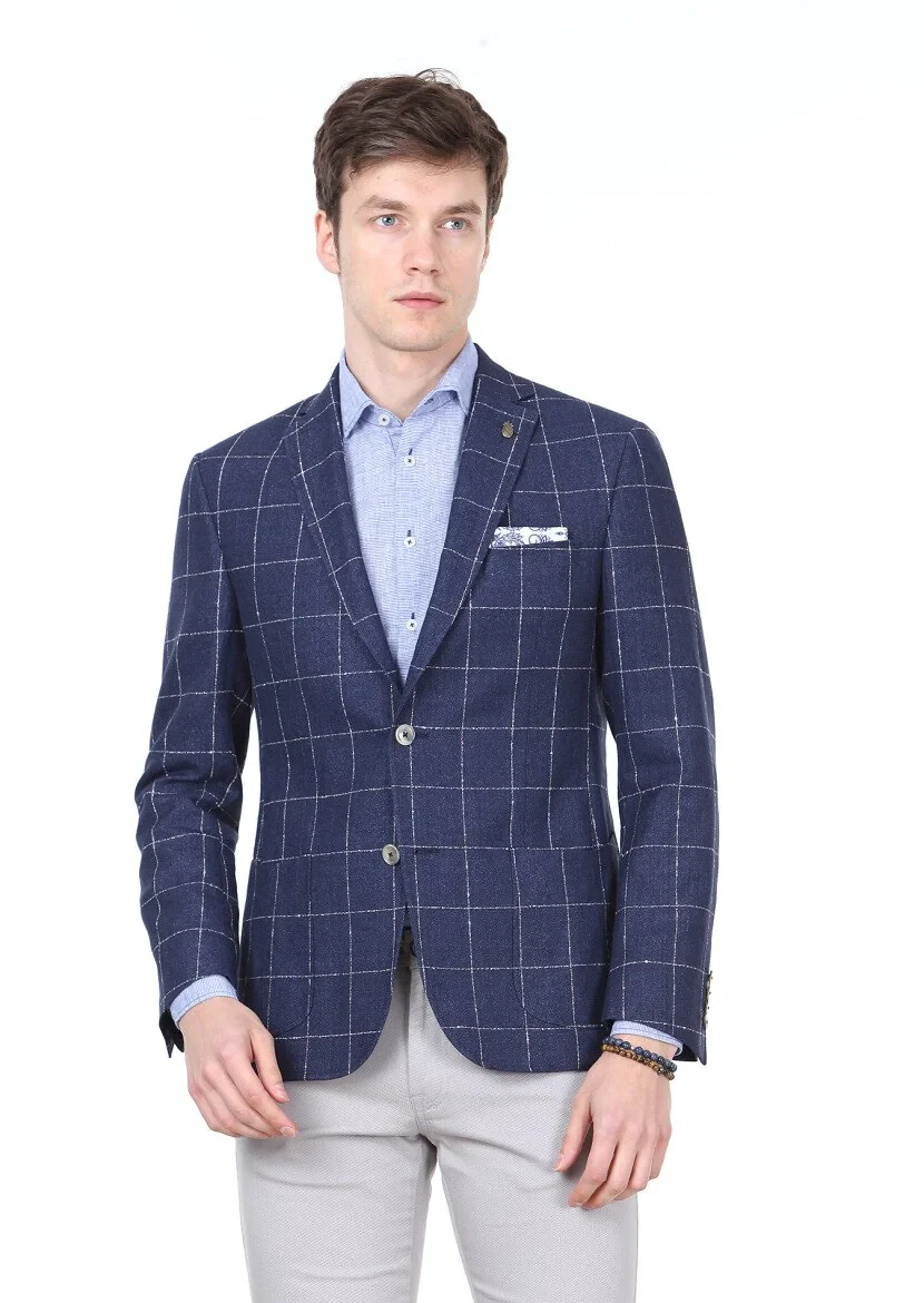 Navy Blue Checkered Zeroweight Slim Fit Cotton Blended Jacket - 1