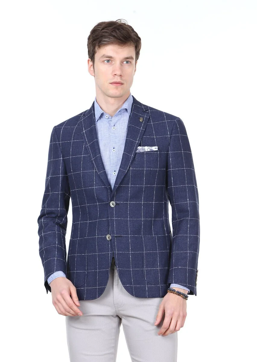 Navy Blue Checkered Zeroweight Slim Fit Cotton Blended Jacket - 1