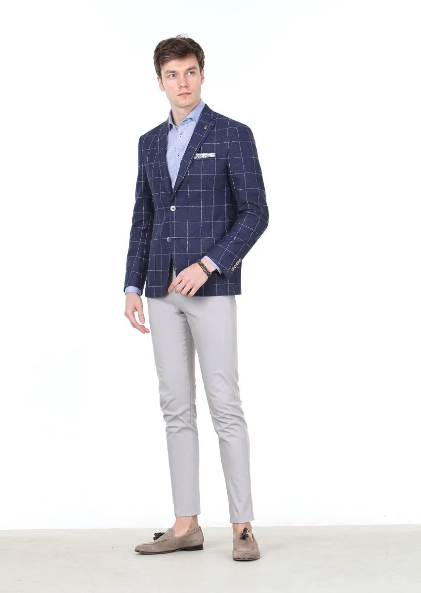 Navy Blue Checkered Zeroweight Slim Fit Cotton Blended Jacket - 2
