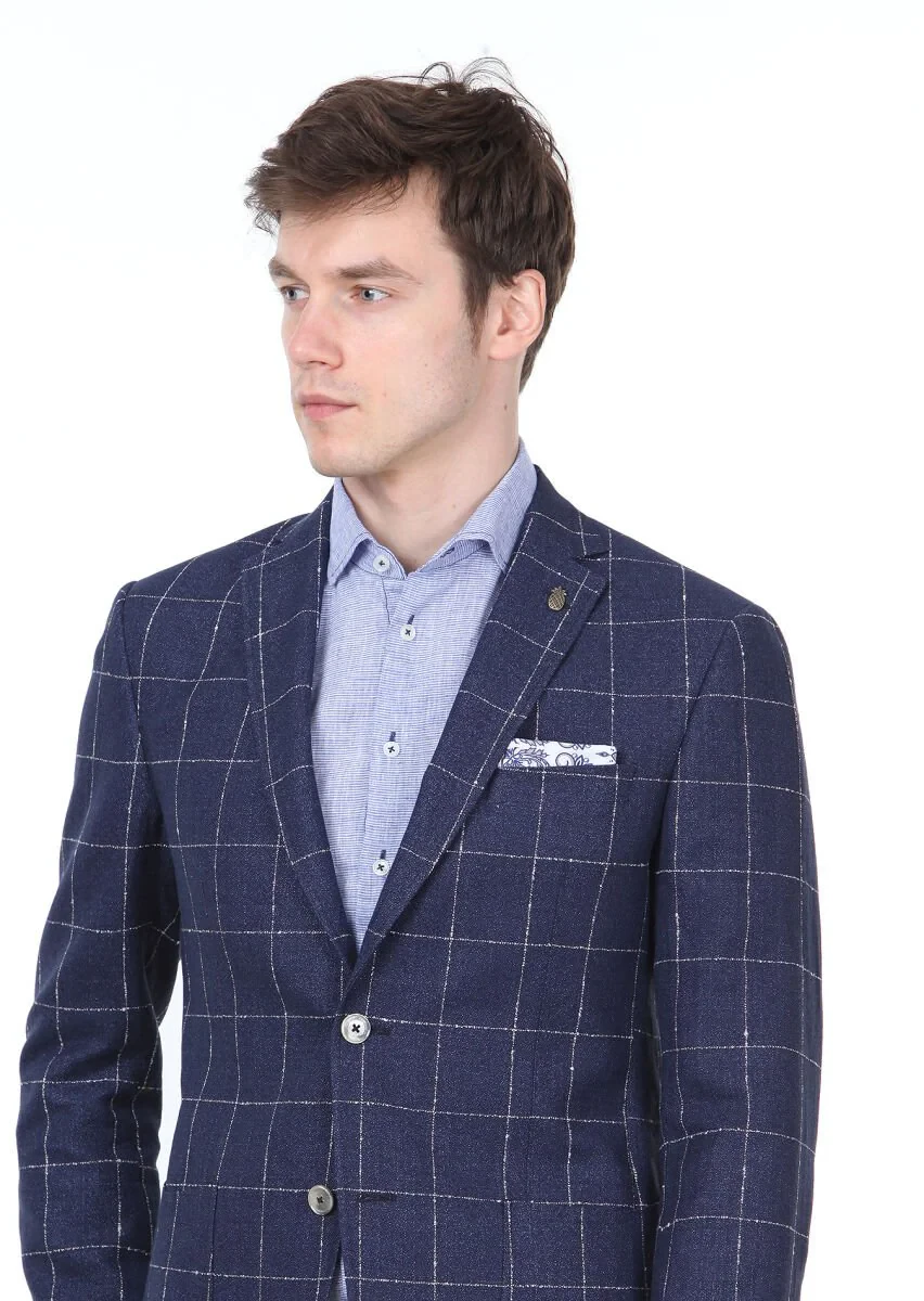 Navy Blue Checkered Zeroweight Slim Fit Cotton Blended Jacket - 3