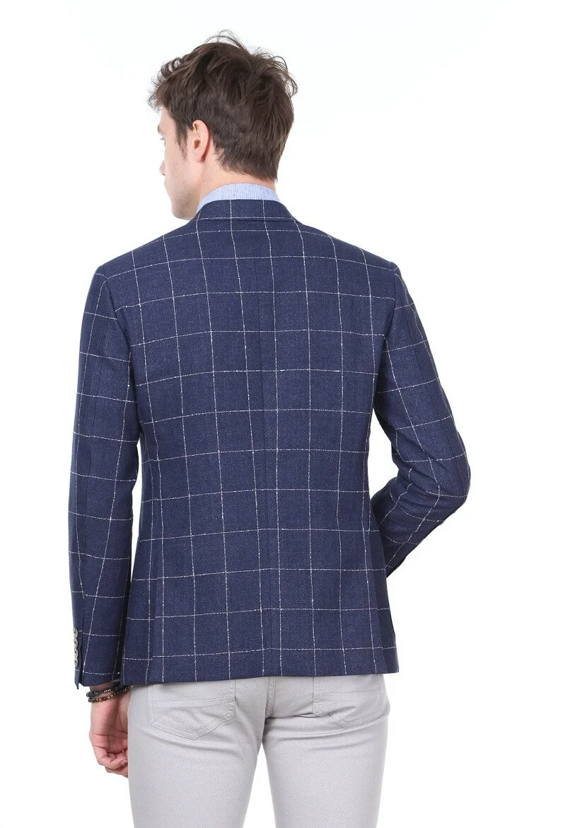Navy Blue Checkered Zeroweight Slim Fit Cotton Blended Jacket - 4