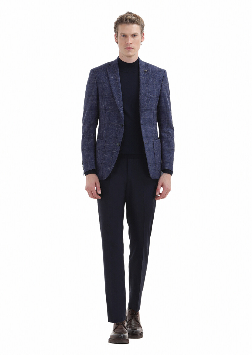 Navy Blue Checkered Zeroweight Slim Fit Silk Blended Jacket - 1
