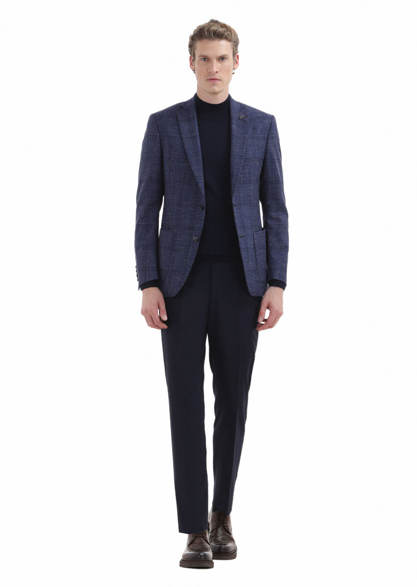 Navy Blue Checkered Zeroweight Slim Fit Silk Blended Jacket - 1