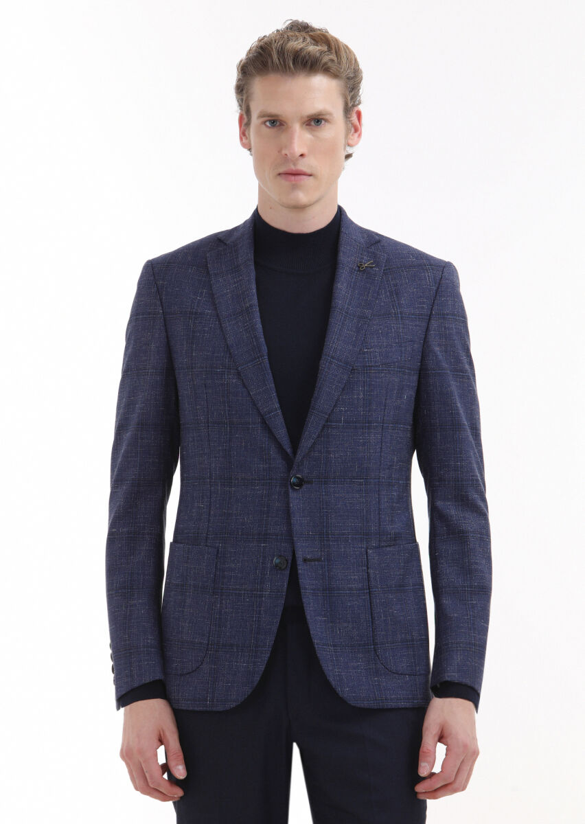 Navy Blue Checkered Zeroweight Slim Fit Silk Blended Jacket - 2