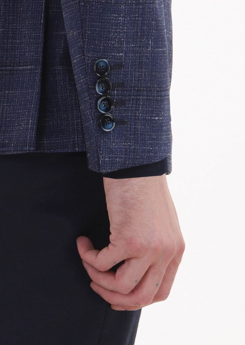 Navy Blue Checkered Zeroweight Slim Fit Silk Blended Jacket - 4