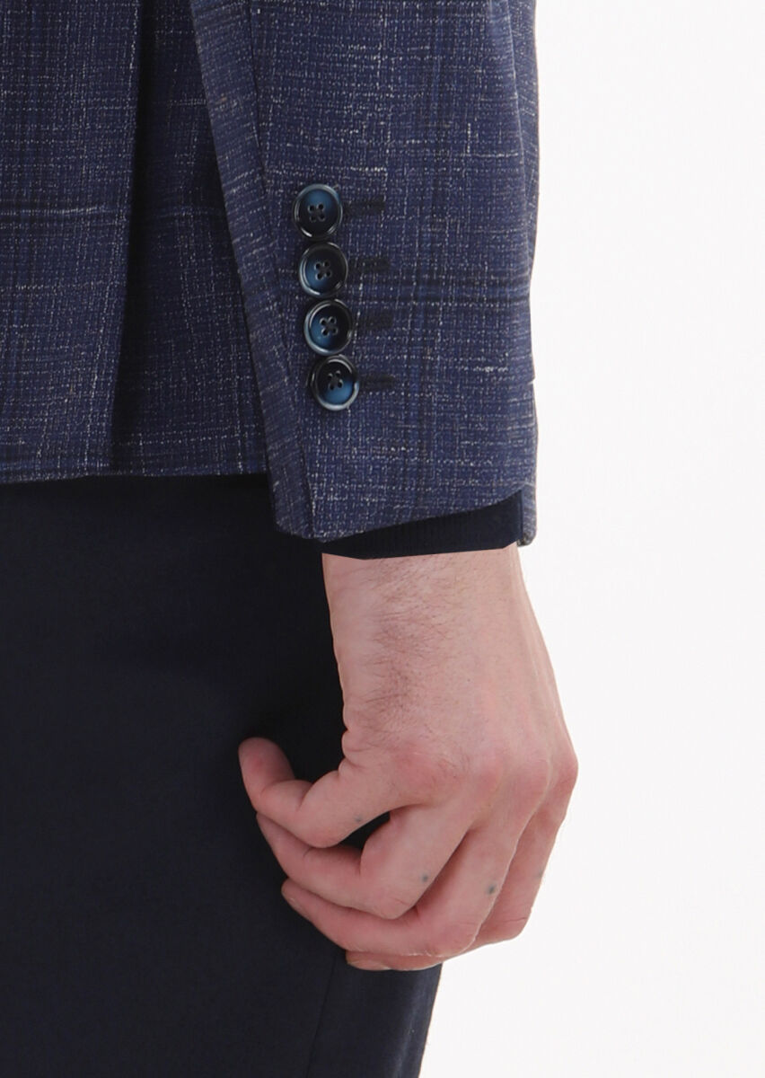 Navy Blue Checkered Zeroweight Slim Fit Silk Blended Jacket - 4