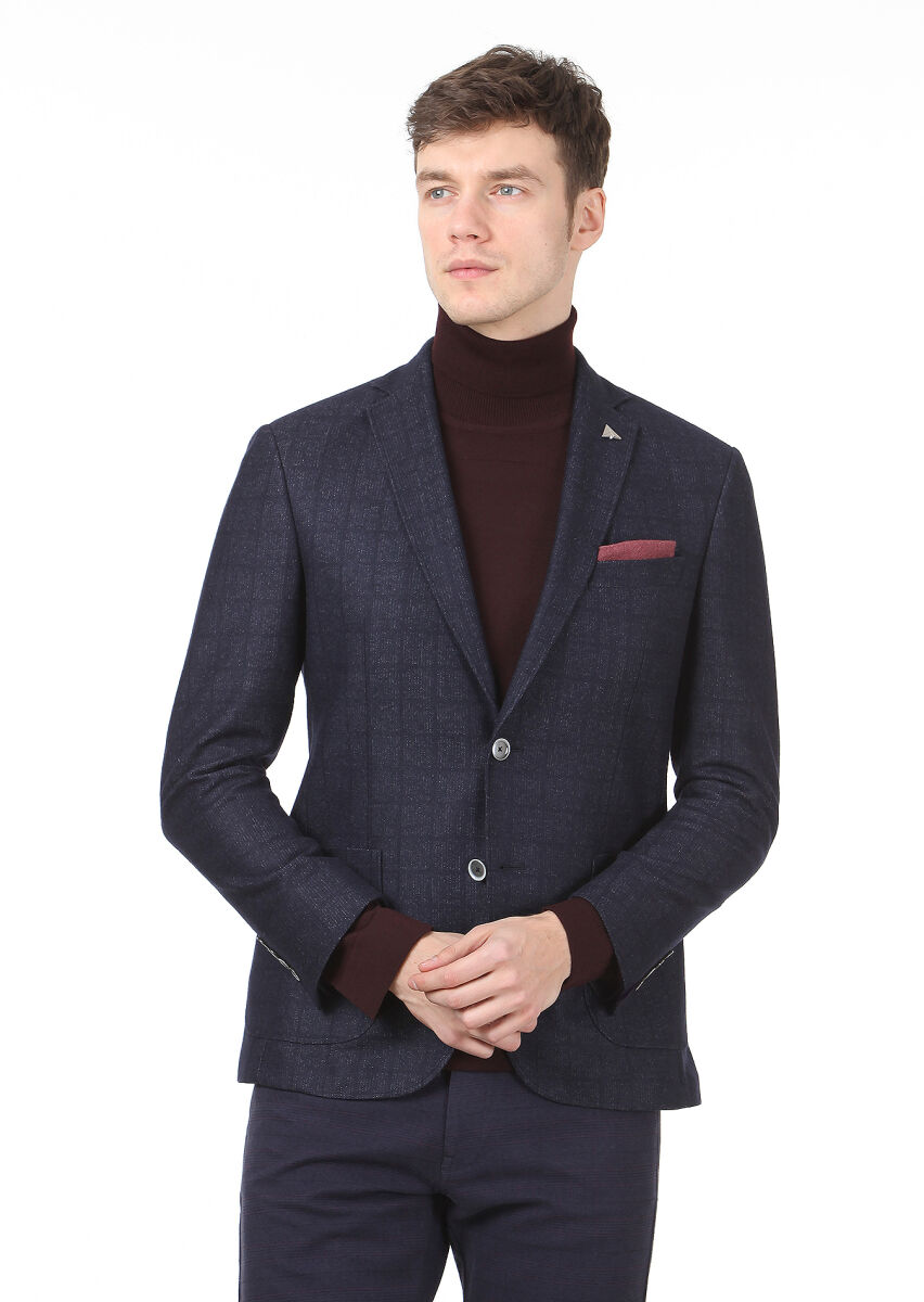 Navy Blue Checkered Zeroweight Slim Fit Wool Blended Jacket - 1