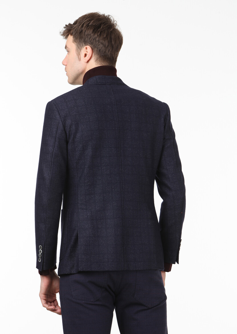 Navy Blue Checkered Zeroweight Slim Fit Wool Blended Jacket - 4