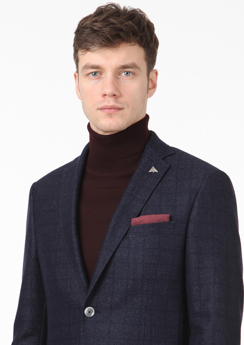 Navy Blue Checkered Zeroweight Slim Fit Wool Blended Jacket - 2