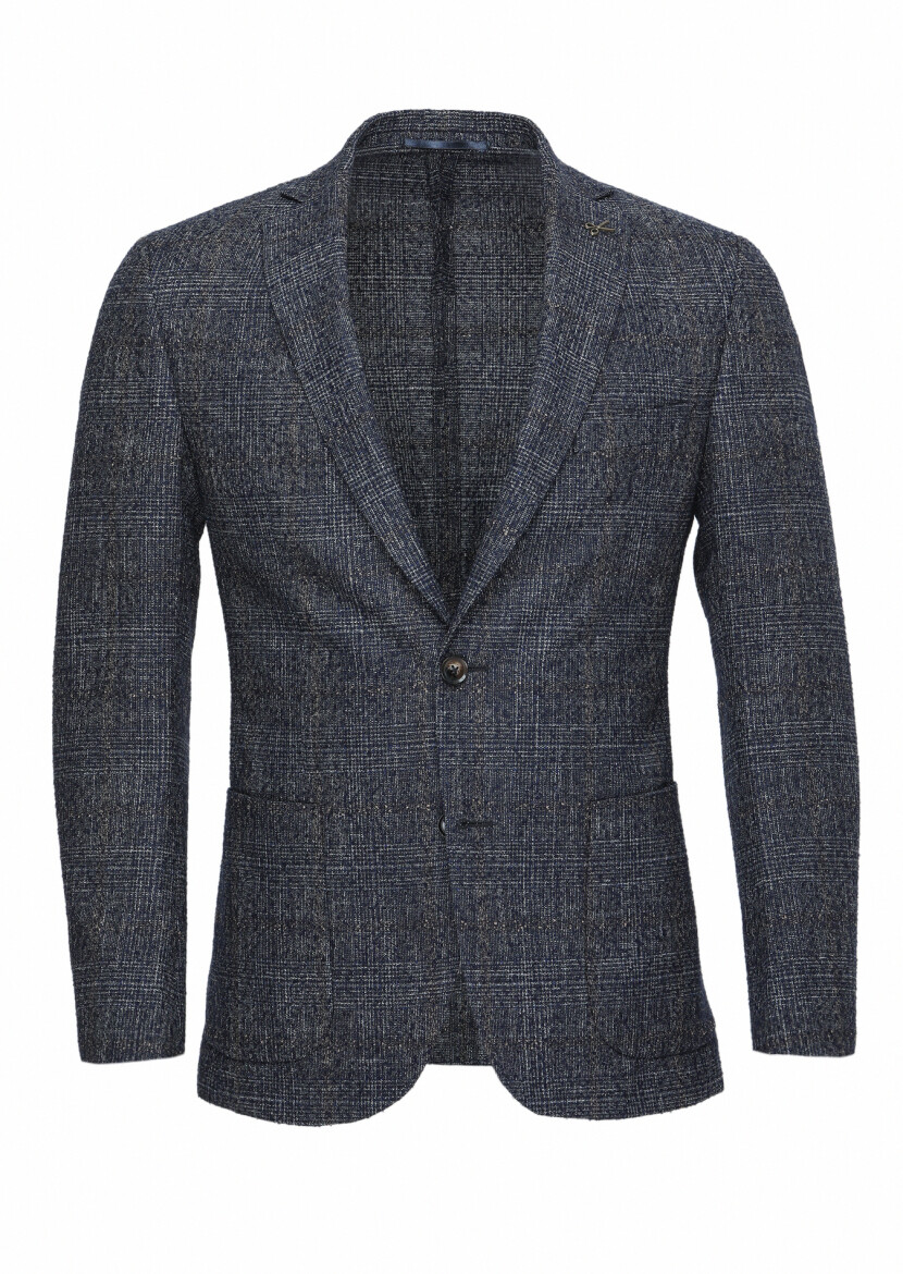 Navy Blue Checkered Zeroweight Slim Fit Wool Blended Jacket - 1