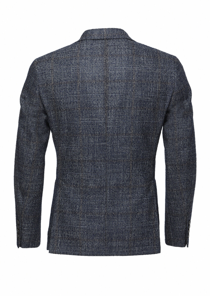 Navy Blue Checkered Zeroweight Slim Fit Wool Blended Jacket - 3